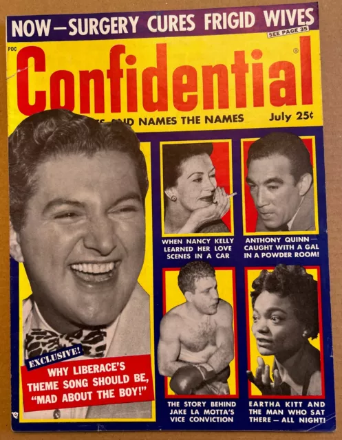 CONFIDENTIAL magazine July 1957 GAY INTEREST. Liberace, Jake LaMotta, Eartha Kit