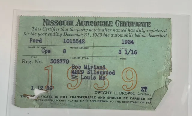 1939 St. Louis ￼Missouri Automobile Certificate Registration 1934 Ford Art Deco