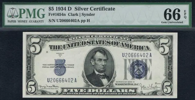 $5 1934D Silver Certificate. Narrow. UA Block. PMG 66 EPQ. ALMOST RADAR NOTE.
