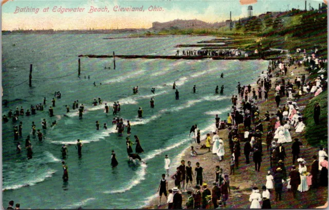 Cleveland Ohio OH Edgewater Beach Aerial View Bathers Swimmers c1910s Postcard