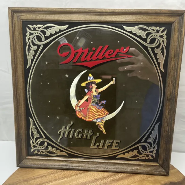 Miller High Life Girl In The Moon Beer Sign Mirror 1979 14 -1/4 X 14-1/4" FRAMED