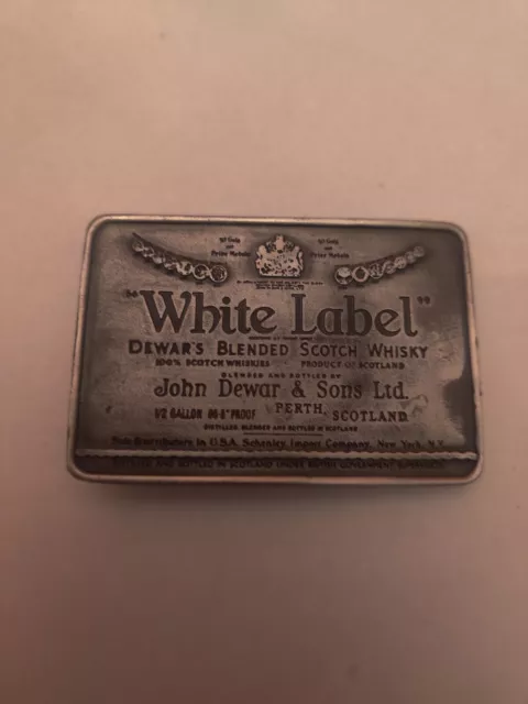 1975 White Label Dewars Blended Scotch Whiskey Belt Buckle V93 2 1/4" x 3 1/4"