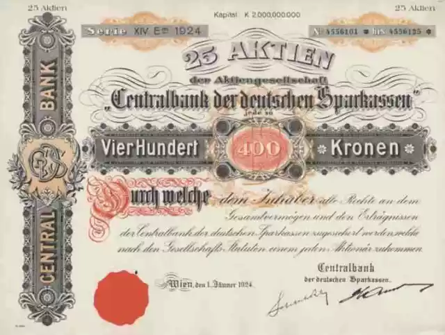 Centralbank Sparkassen 1924 Wien Prag  10.000 Kronen Österreich Tschechien Talon