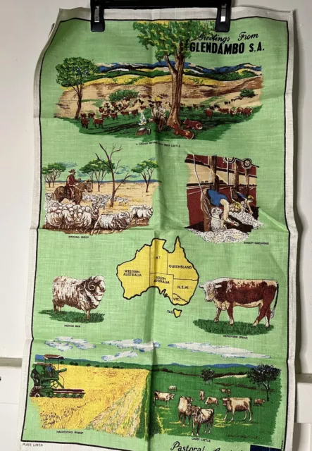 Pure LINEN Tea Towel - Souvenir Pastoral Australia Glendambo SA VINTAGE