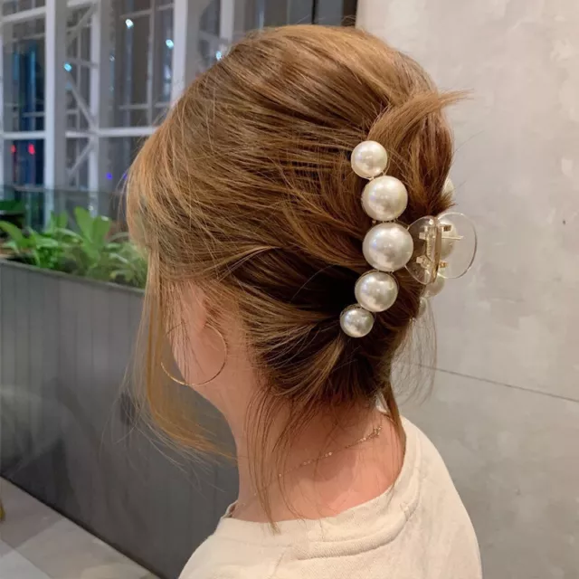 ⭐ Jolie Pince À Cheveux En Perles De Grande Taille Avec Strass Pour Femme. F