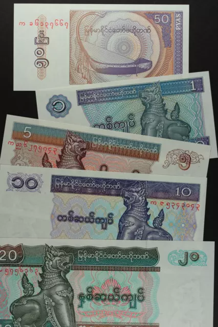 Lot (5 PCS ) MYANMAR/ BURMA SET 50 Pyas 1, 5, 10, 20 Kyats ND 1990 1998