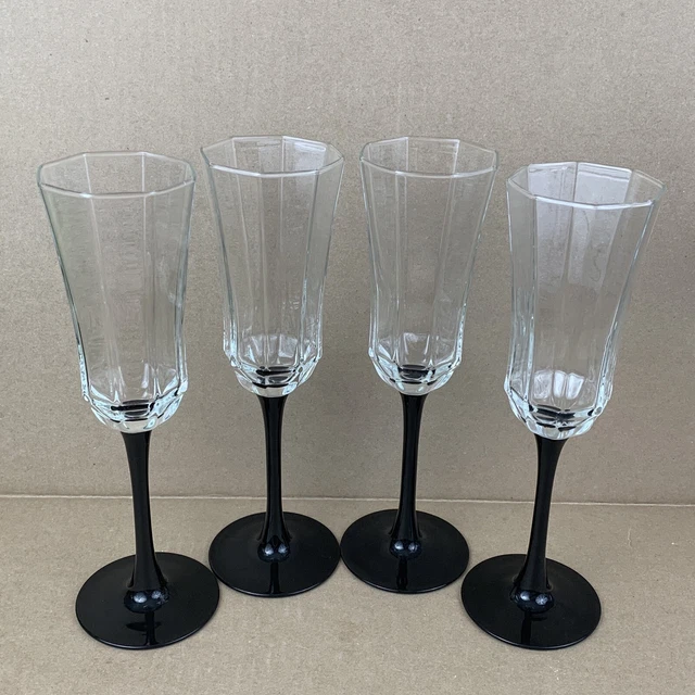 4 OCTIME ARCOROC Luminarc Champagne Glasses Fluted Black Stem Octagon