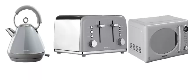 Daewoo GREY Kensington Jug Kettle, 4-Slice Toaster & Microwave Set -Brand New