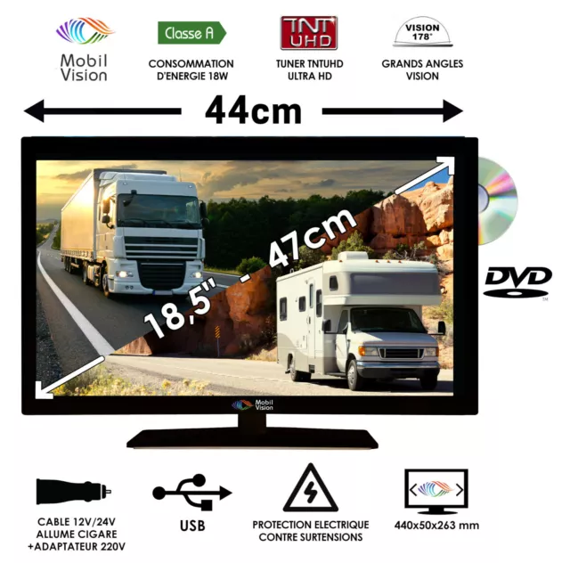 COMBINE TELEVISION DVD pour camping car camion fourgon 12V 24V 47cm - TVWS19DVD