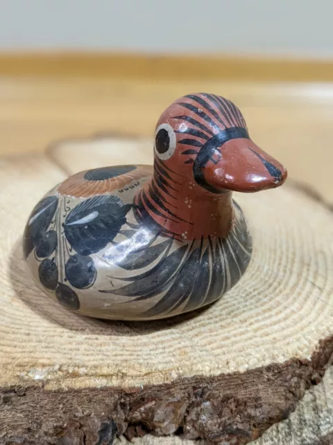 Vintage 70s Tonala Ceramic Mexican Pottery Duck Figurine Hand Painted Mexico