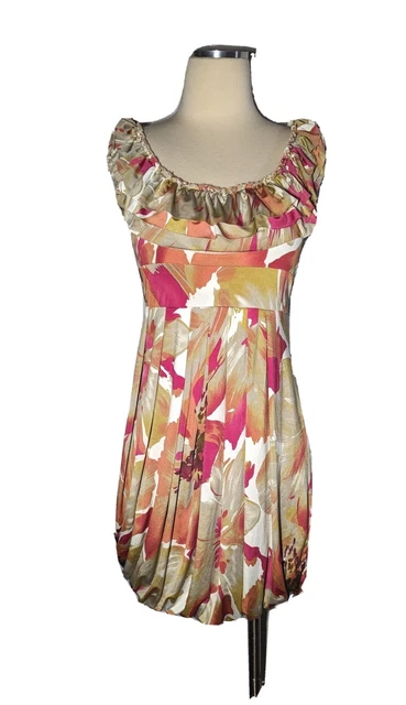 NWOT XXI Bubble Hem SATIN Lined Dress FLORAL Ruffle Size Medium Fuschia Green