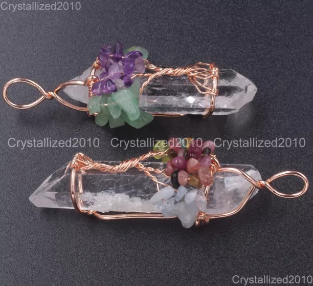 Natural Gemstone Clear Quartz Crystal Rock Stick Life Tree Pendant Healing Beads