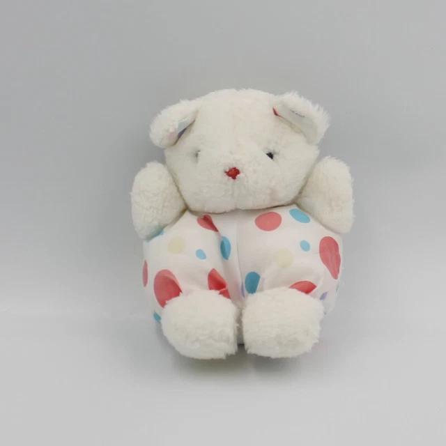 Ancien doudou peluche ours blanc pois rouge bleu vert jaune - 28993