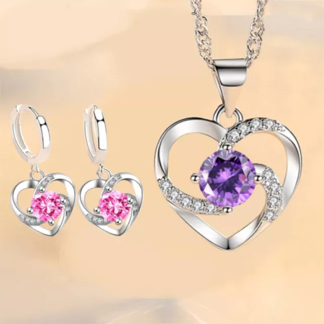 Schmuck Set 925 Sterling Silber Herz Halskette Ohrringe Zirkon Anhänger Geschenk