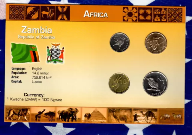 Littleton World Coin Set Zambia UNC 1 Kwacha, 5, 10, 50 Ngwee 2012