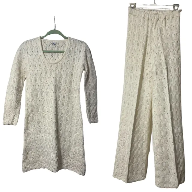 1960s/1970s Ivory Knit Set Pant Suit Crotchet Size XS/Small Hippie Boho Mod
