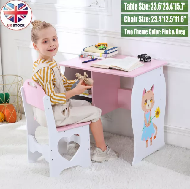 Wooden Kids Desk and Chair Set Children Study Writing Table Stool& Storage Shelf