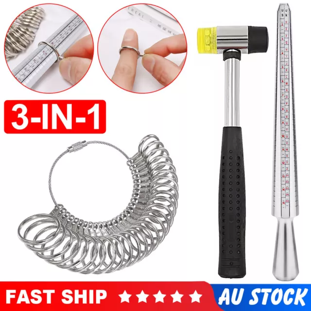 Silver Ring Sizer Size Gauge Tool Finger Measuring Stick Metal Mandrel Kit Set