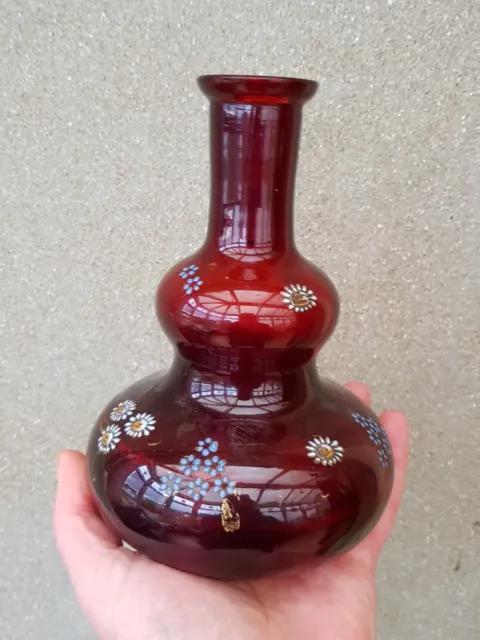 Victorian-Gypsy Painted Ruby Glass Double Gourd Specimen Flower Vase-c1880's
