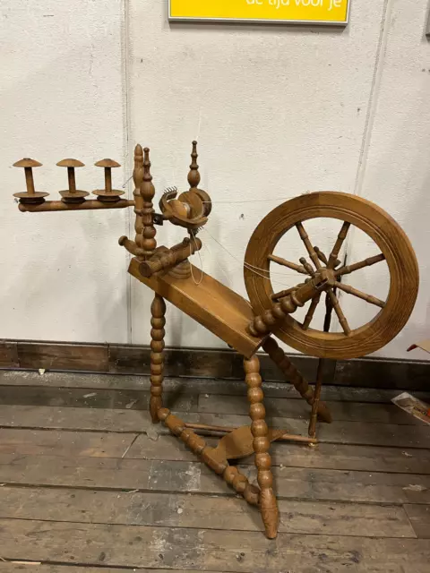 Dutch Saxony Spinning Wheel with 3 Bobbins Stationary (Mid-Century)