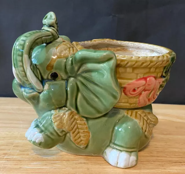 GOOD LUCK Trunk Up Green Elephant Ceramic Lucky BAMBOO PLANTER Pot Vase
