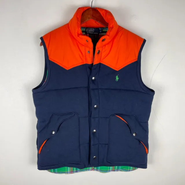 Polo Ralph Lauren Quilted Puffer Vest Men Medium Orange Navy Blue Western Snap
