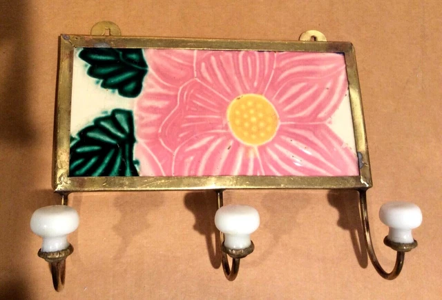 Japanese Tile and Brass Wall Hook, Vintage, Rose