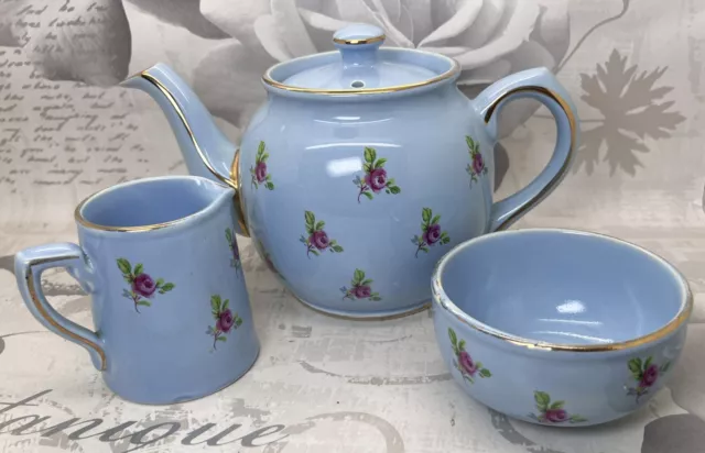 Rare Vintage Sadler Baby Blue & Gold Rosebud Teapot Tea Set Milk Jug Sugar Bowl