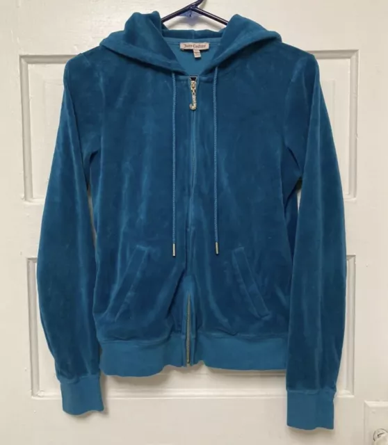 Large Juicy Couture Velour Zip Jacket Teal Turquoise Hood Y2K Crystal Authentic