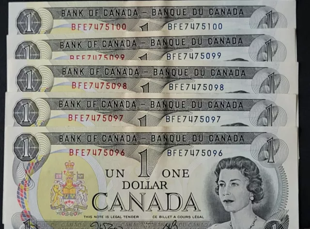 1973 Canada 1$  x5 One Dollar Bill Crisp Banknotes Consecutive Serial Numbers