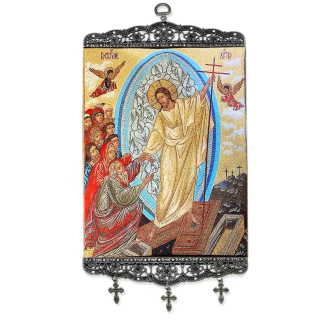 17" Resurrection of Christ Orthdox Icon Tapestry Banner - Hanging Metal Crosses