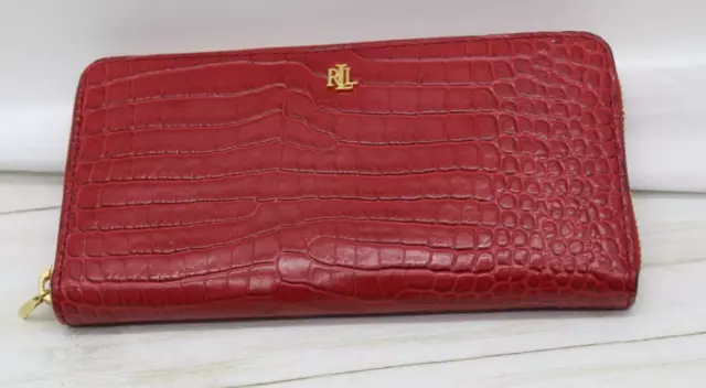 Ralph Lauren Zip Around Continental Wallet Red/Gold Crock Embossed  Leather $150