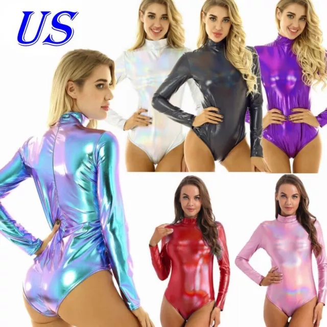 US Sexy Women Shiny Metallic Turtleneck Long Sleeves Gymnastic Leotard Dancewear