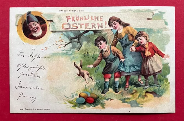 Glückwunsch Litho AK OSTERN 1901 Kinder mit Ostereier und Zwerg  ( 119224