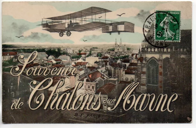 CHALONS SUR MARNE - Marne - CPA 51 - carte Souvenir un Avion survolant la ville