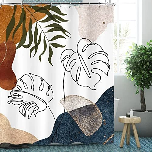 Mid Century Palm Leaves Shower Curtain 60Wx72H Inch Abstract Boho Modern