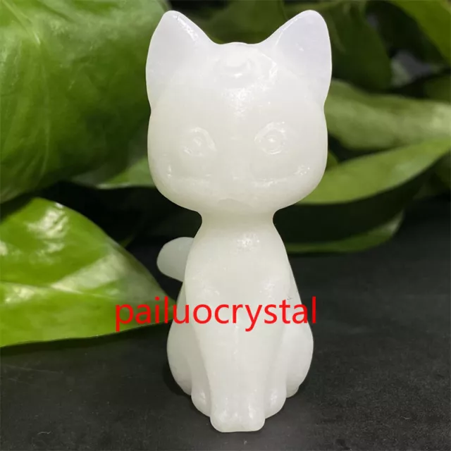 1pc Natural White jade Moon cat Quartz Crystal Cat Skull Carved Figurines 2.3"