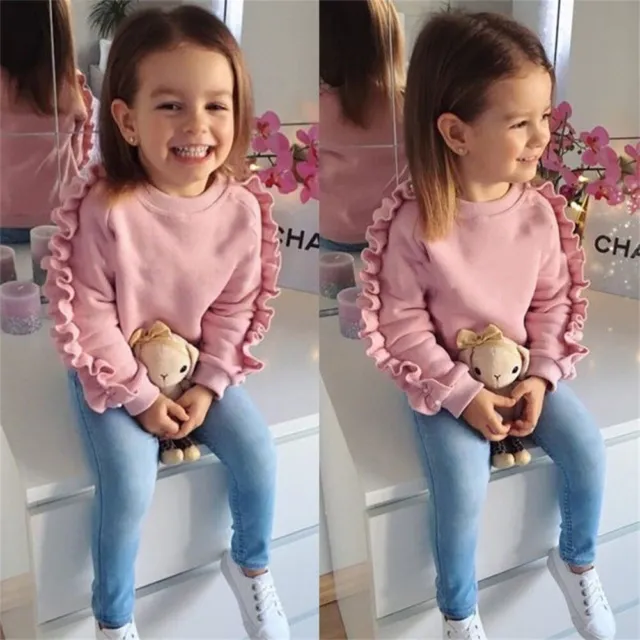 UK Kids Baby Girls Warm Outfits Clothes Ruffle Tops Denim Jeans Pants 2Pcs Set 3
