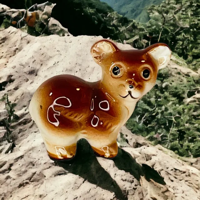 Miniature Brown Ceramic Bear Cub Figurine Vintage Japan Big Eyes Animal