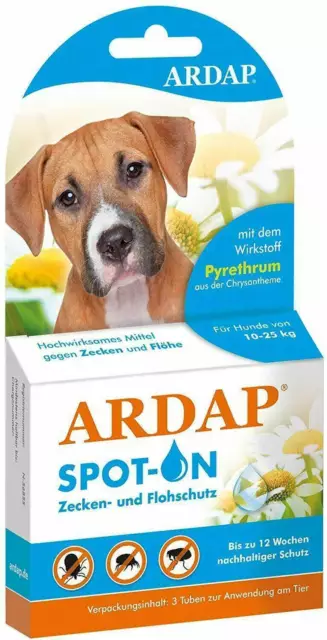 ARDAP Spot On - Zecken & Flohschutz für Hunde von 10 bis 25 kg - 3 Tuben