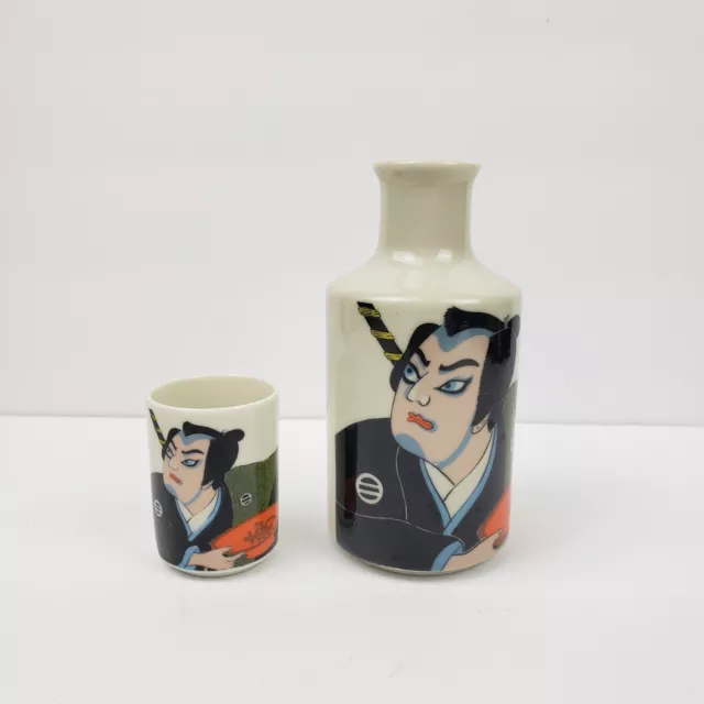 Vtg Tokkuri Japanese Sake Carafe Cup Kabuki Theater Samurai Decanter Bottle Set