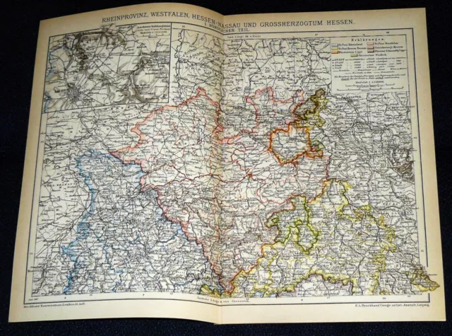 2x Rheinland-Pfalz Hessen Westfalen Landkarte Lithographie von 1895 – 131 Jahre