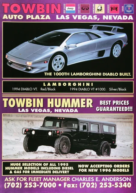1995 TOWBIN HUMMER Genuine Vintage Ad ~ 1000th DIABLO BUILT ~ FREE SHIPPING!