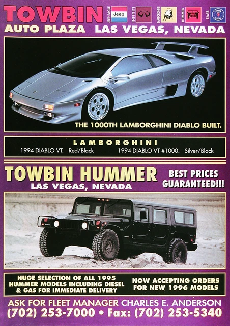 1995 TOWBIN HUMMER Genuine Vintage Ad ~ 1000th DIABLO BUILT ~ FREE SHIPPING!