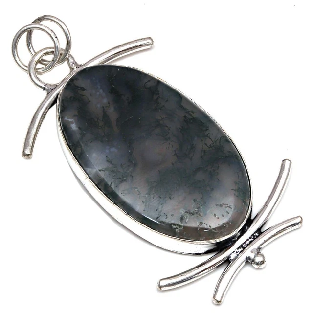 Pendant Moss Agate Gemstone Gift For Her 925 Silver Jewelry 2.75"
