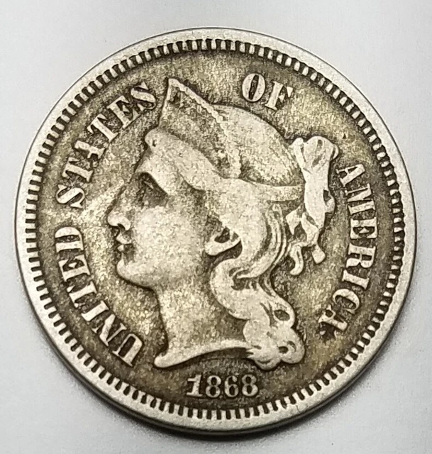 1868 Nickel Three Cents-Km-95-3C-Very Fine Free Usa Ship-3 Cents-Vf