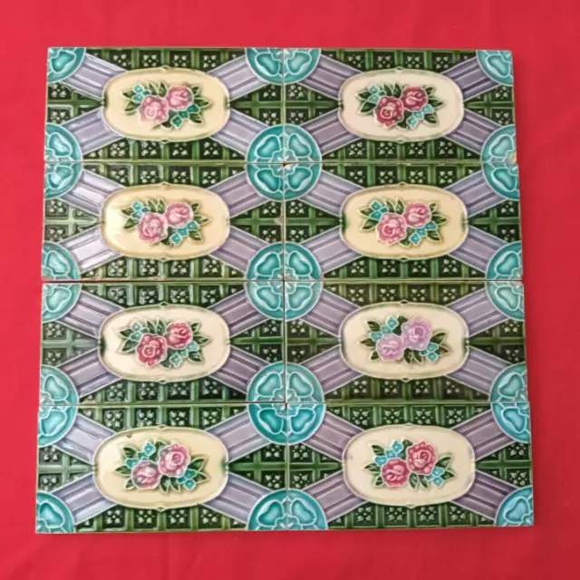 8 Pieces Lot Old Art Deco Flower Design Majolica Ceramic Tiles Japan 0070