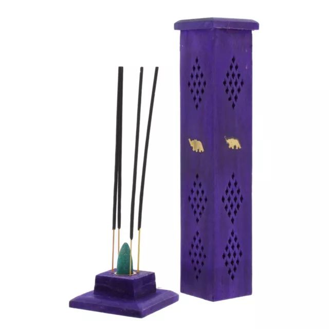 Wooden Incense Stick Holder Standing Tower Brass Inlay Ash Catcher Joss Stick