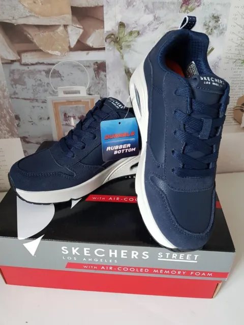 Skechers Street Uno-Stacre forma memoria raffreddata ad aria blu navy scarpe da ginnastica per bambini Regno Unito 3 nuove con scatola