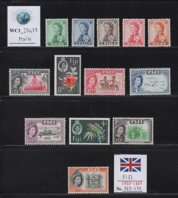 WC1_27479.BRITISH COL.:FIJI. Clean 1959-1963 QEII cplt. set. Sc. 163-175. MNH